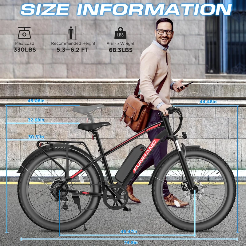 Funhang EB-S1 Electric Fat Tire Bike – 1000W Motor, 60 Mile Range, All-Terrain, Built for Canadian Winters