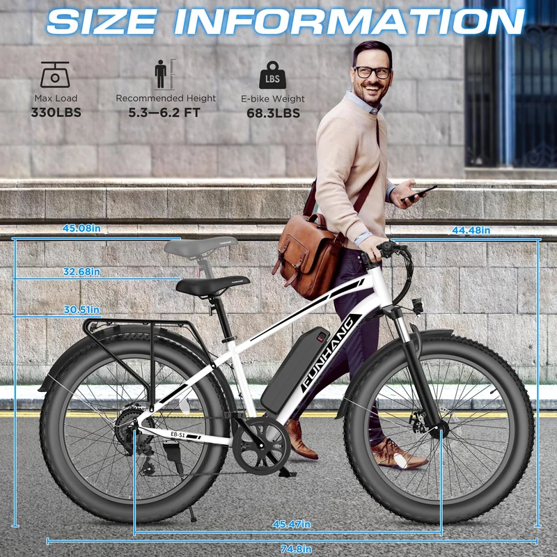 Funhang EB-S1 Electric Fat Tire Bike – 1000W Motor, 60 Mile Range, All-Terrain, Built for Canadian Winters
