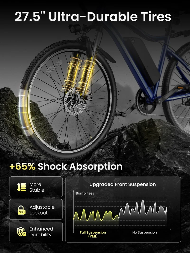 Jasion Electric Mountain Bike for Adults with 750W Peak Motor, 22MPH Max Speed Ebike with 480Wh Removable Battery, 40 Miles Range, 27.5" Tires Electric Mountain Bike, 7-Speed, Front Suspension