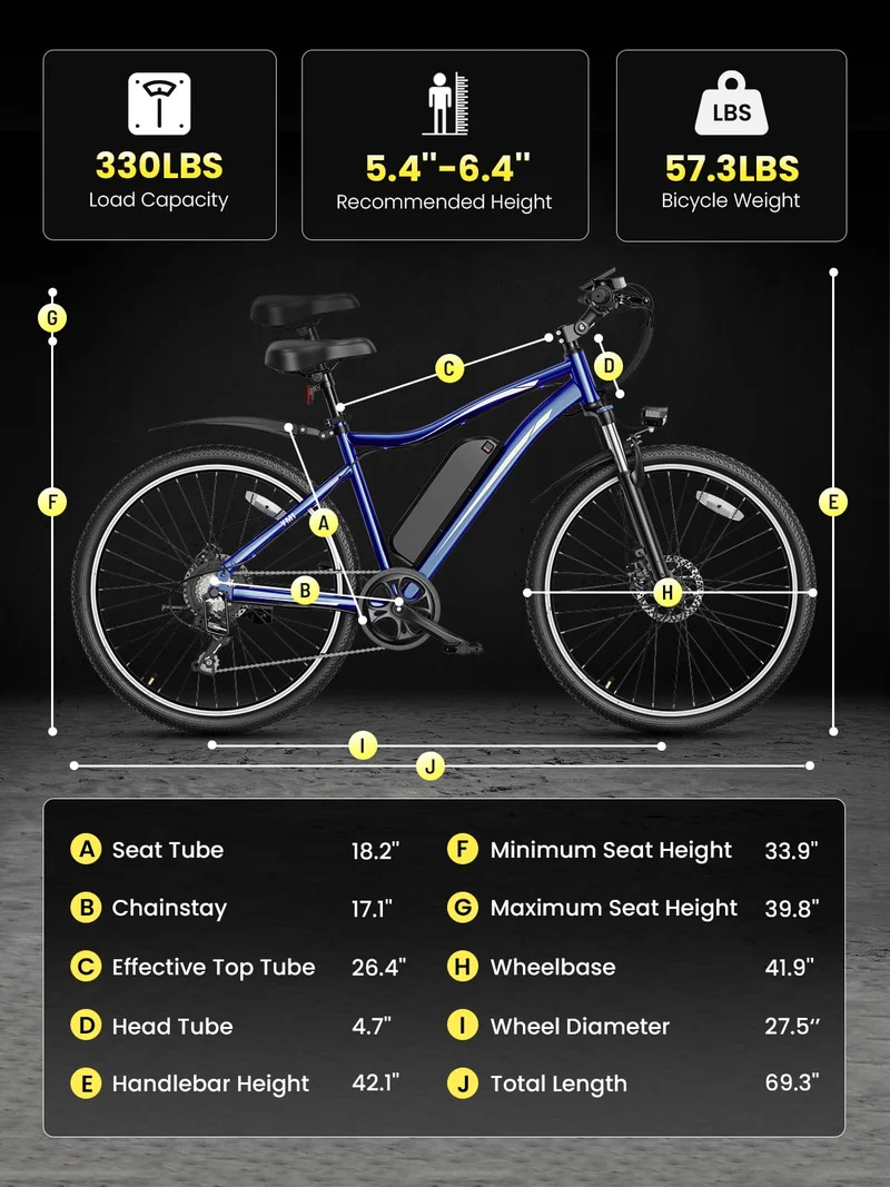 Jasion Electric Mountain Bike for Adults with 750W Peak Motor, 22MPH Max Speed Ebike with 480Wh Removable Battery, 40 Miles Range, 27.5" Tires Electric Mountain Bike, 7-Speed, Front Suspension