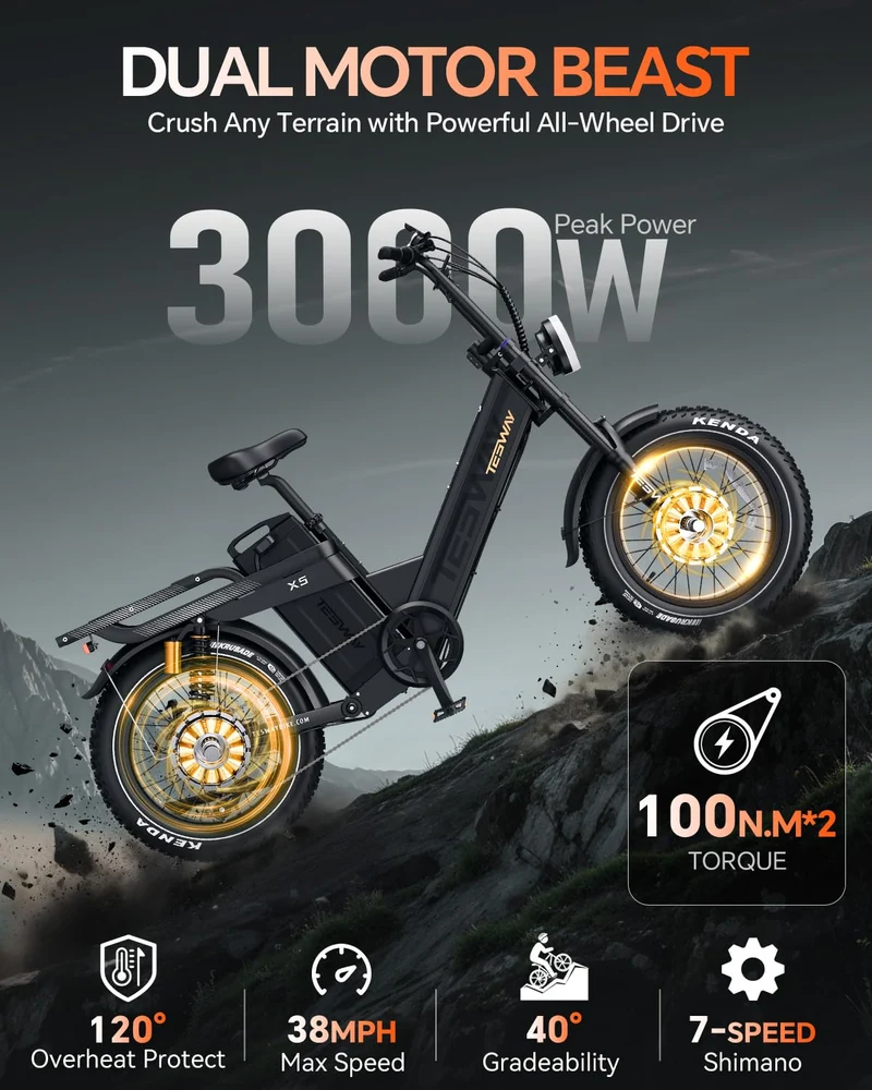 TESWAY X5 Pro Electric Bike Canada – Dual Motor 60Ah Long Range E-Bike