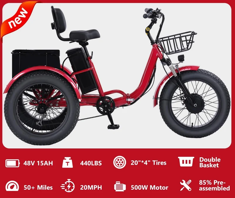 Stable 3-Wheel E-Bike with Long-Range Battery for Comfortable Riding