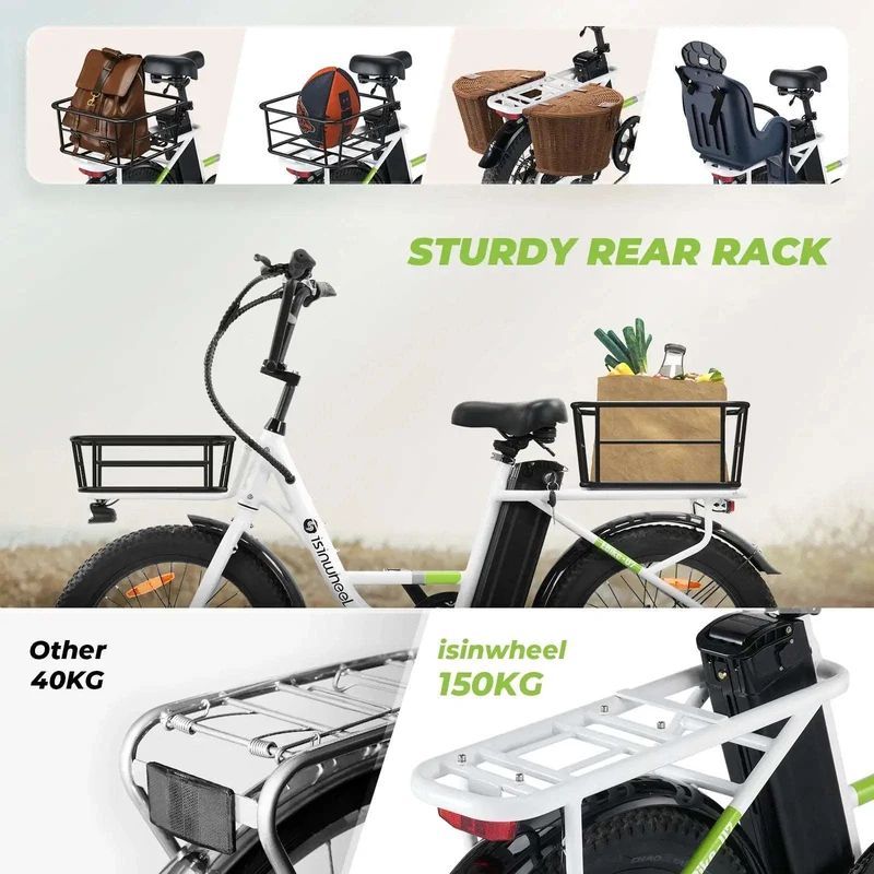 ISINWHEEL U7 20" Step-Thru Cargo Electric Bike 500W Motor 48V 10.4Ah Battery, Max Speed 32 KPH, Range 80KM