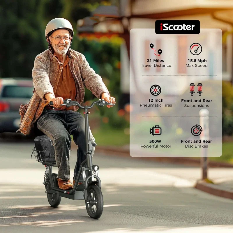 iScooter i12 Electric Scooter with Seat for Adults, Max Speed 25 kph, Range 35km