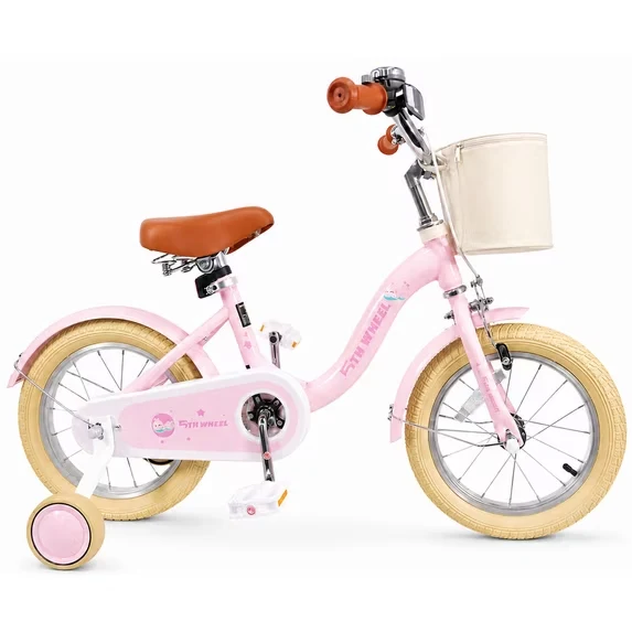 5TH WHEEL KB10-14 Kids Bike for Girls, 14-Inch Children's Bicycle with Training Wheels, Basket & Bell, Pink
