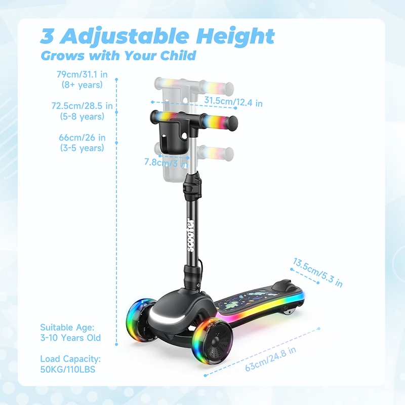 B2Pro 3-Wheel Kids' Electric Scooter with Colourful LED Lights & Foldable Design