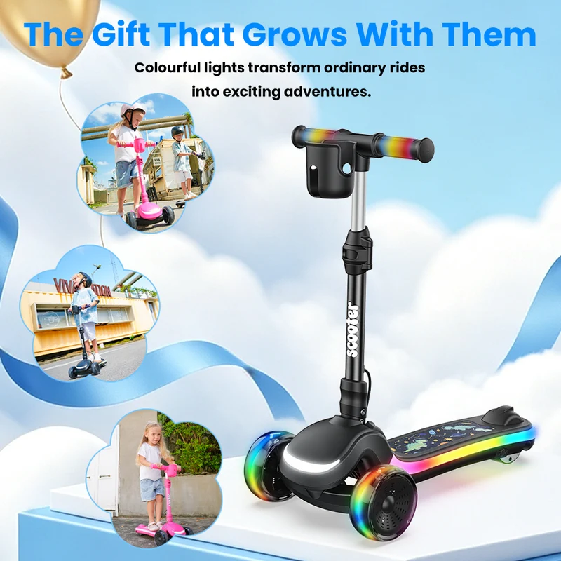 B2Pro 3-Wheel Kids' Electric Scooter with Colourful LED Lights & Foldable Design