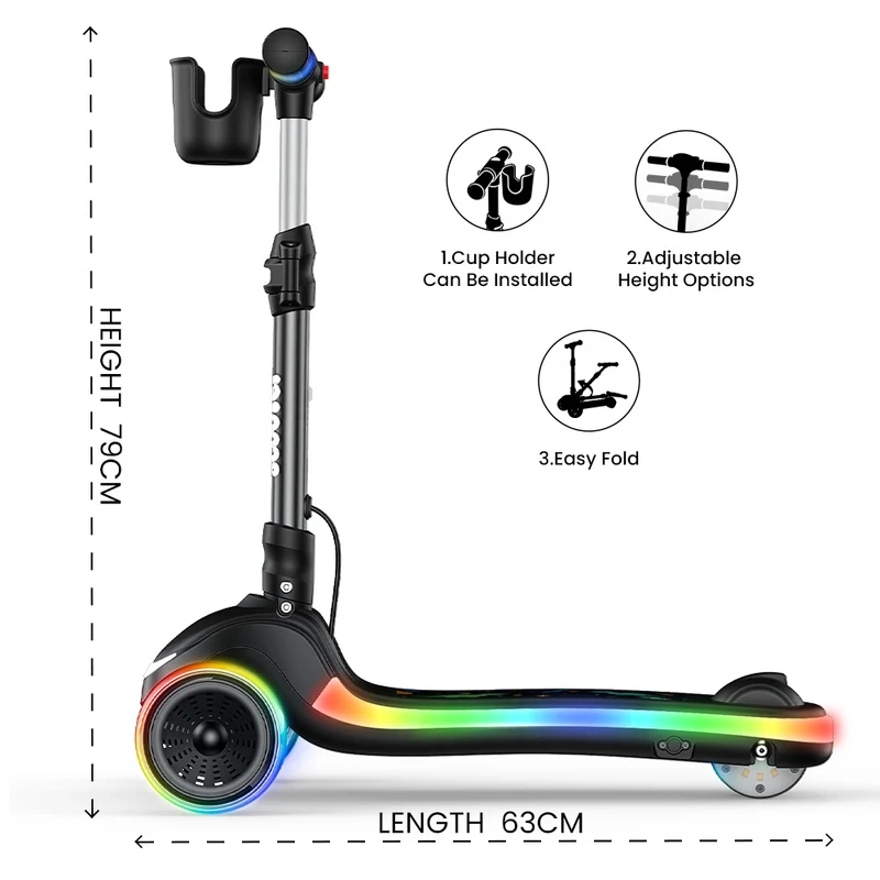 B2Pro 3-Wheel Kids' Electric Scooter with Colourful LED Lights & Foldable Design
