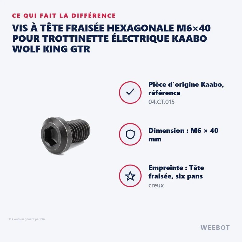 Vis à Tête Fraisée Hexagonale M6×40 pour Trottinette Électrique Kaabo Wolf King GTR