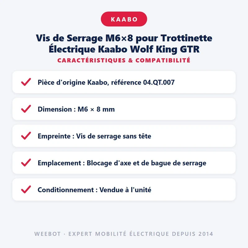 Vis de Serrage M6×8 pour Trottinette Électrique Kaabo Wolf King GTR