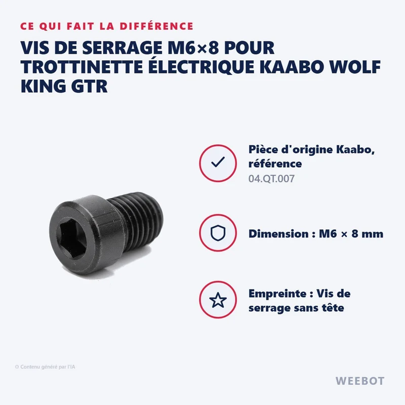 Vis de Serrage M6×8 pour Trottinette Électrique Kaabo Wolf King GTR