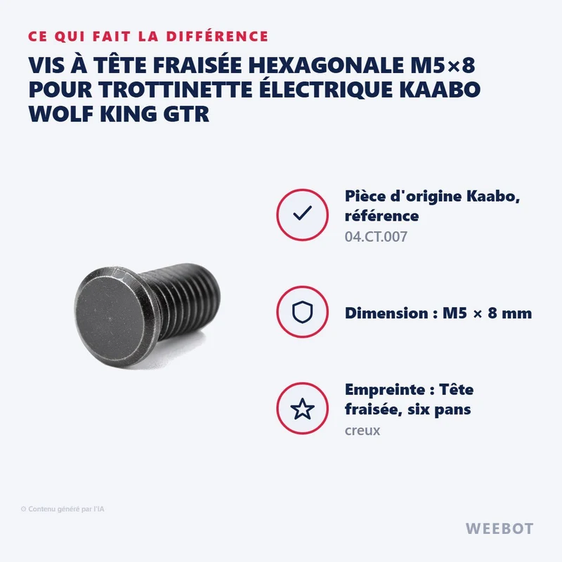 Vis à Tête Fraisée Hexagonale M5×8 pour Trottinette Électrique Kaabo Wolf King GTR