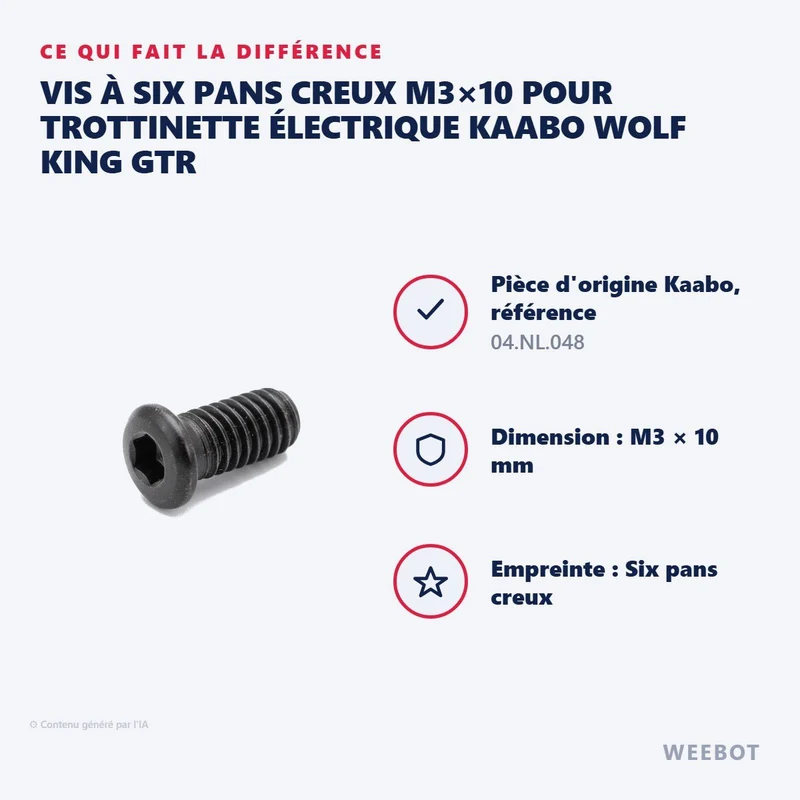 Vis à Six Pans Creux M3×10 pour Trottinette Électrique Kaabo Wolf King GTR