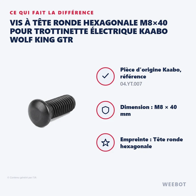 Vis à Tête Ronde Hexagonale M8×40 pour Trottinette Électrique Kaabo Wolf King GTR