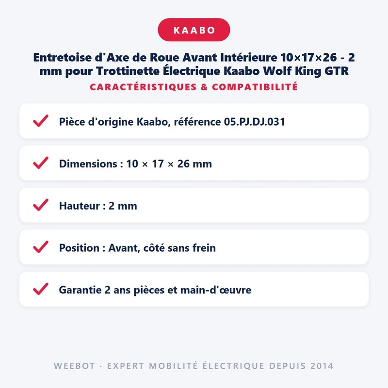 Entretoise d'Axe de Roue Avant Intérieure 10×17×26 - 2 mm pour Trottinette Électrique Kaabo Wolf King GTR