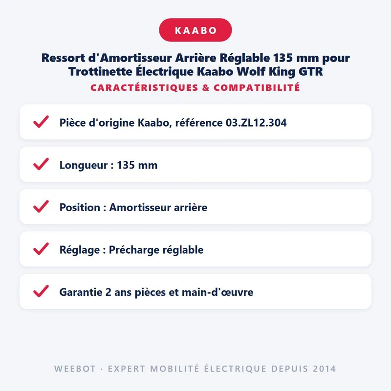Ressort d'Amortisseur Arrière Réglable 135 mm pour Trottinette Électrique Kaabo Wolf King GTR