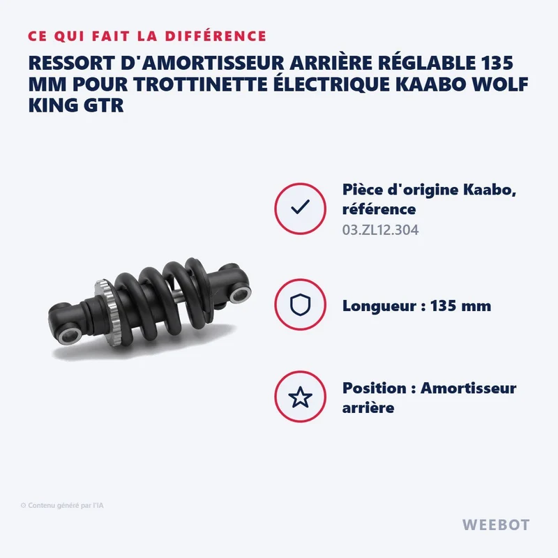 Ressort d'Amortisseur Arrière Réglable 135 mm pour Trottinette Électrique Kaabo Wolf King GTR