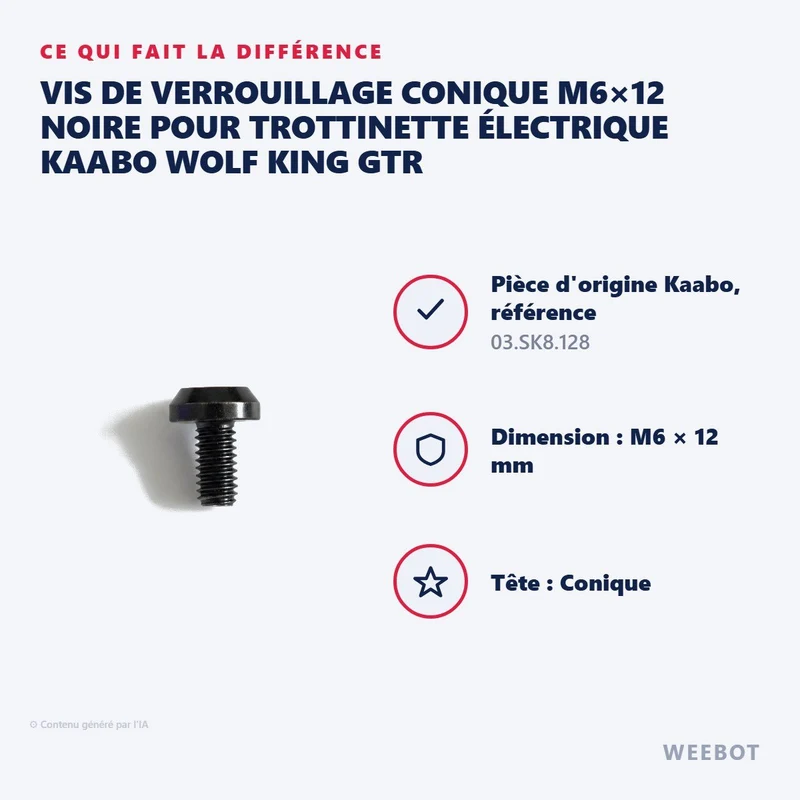 Vis de Verrouillage Conique M6×12 Noire pour Trottinette Électrique Kaabo Wolf King GTR