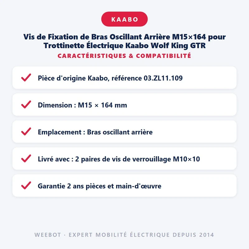 Vis de Fixation de Bras Oscillant Arrière M15×164 pour Trottinette Électrique Kaabo Wolf King GTR