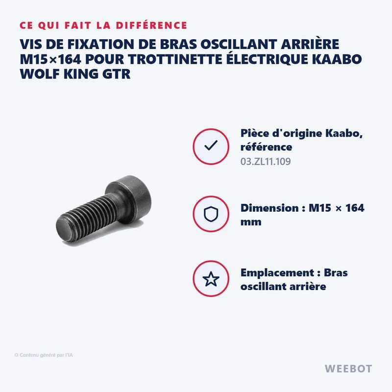 Vis de Fixation de Bras Oscillant Arrière M15×164 pour Trottinette Électrique Kaabo Wolf King GTR