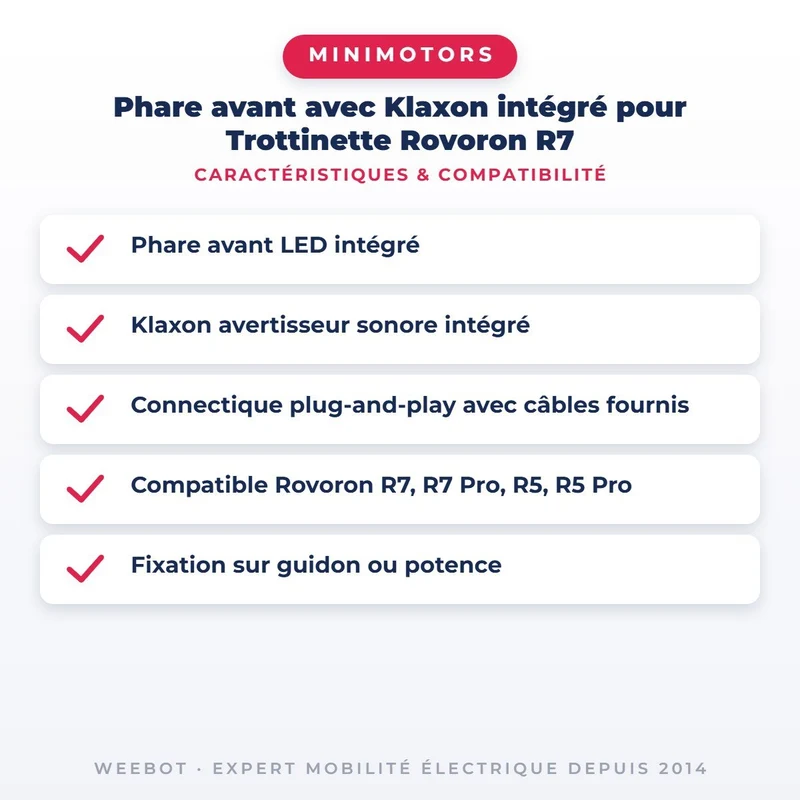 Phare avant avec Klaxon intégré pour Trottinette Rovoron R7