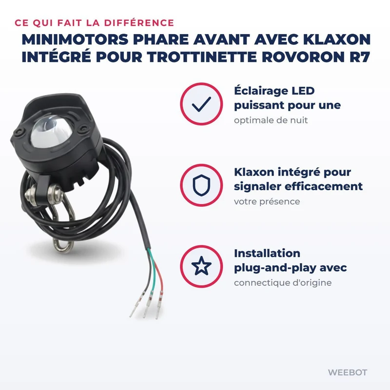 Phare avant avec Klaxon intégré pour Trottinette Rovoron R7