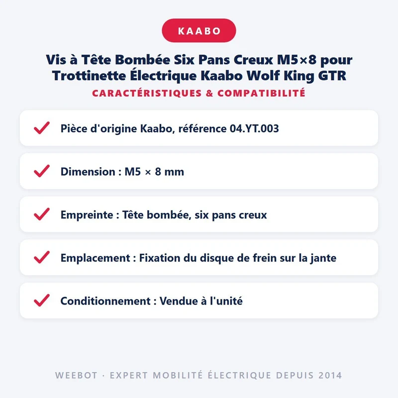 Vis à Tête Bombée Six Pans Creux M5×8 pour Trottinette Électrique Kaabo Wolf King GTR