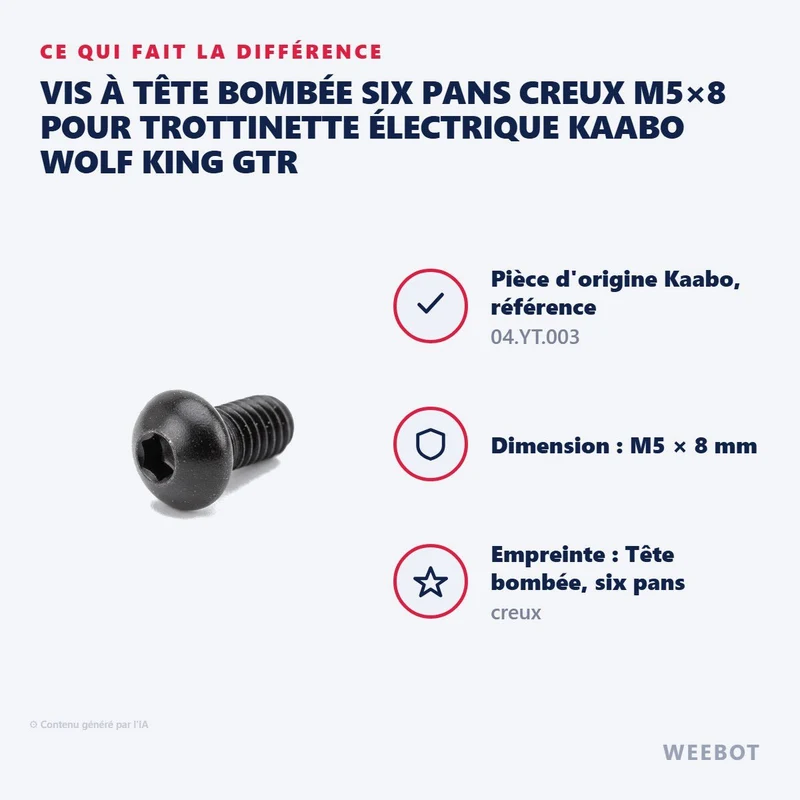 Vis à Tête Bombée Six Pans Creux M5×8 pour Trottinette Électrique Kaabo Wolf King GTR