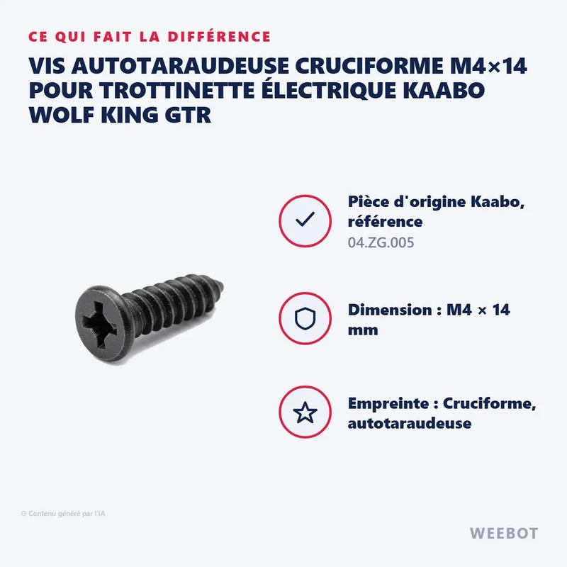 Vis Autotaraudeuse Cruciforme M4×14 pour Trottinette Électrique Kaabo Wolf King GTR