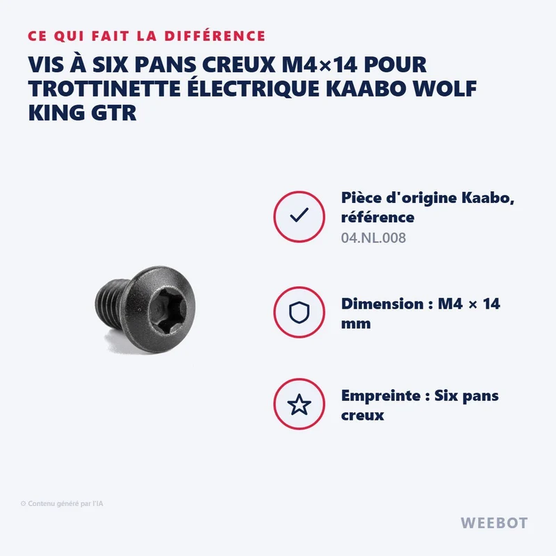 Vis à Six Pans Creux M4×14 pour Trottinette Électrique Kaabo Wolf King GTR