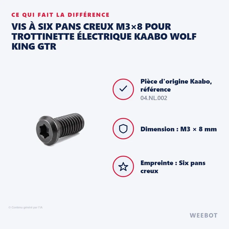 Vis à Six Pans Creux M3×8 pour Trottinette Électrique Kaabo Wolf King GTR