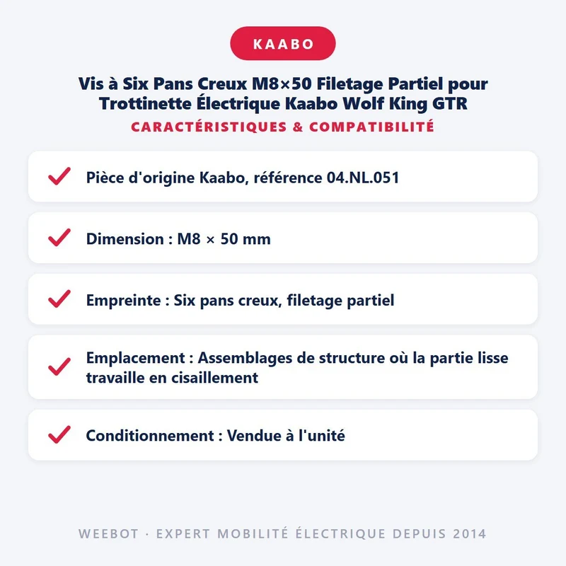 Vis à Six Pans Creux M8×50 Filetage Partiel pour Trottinette Électrique Kaabo Wolf King GTR