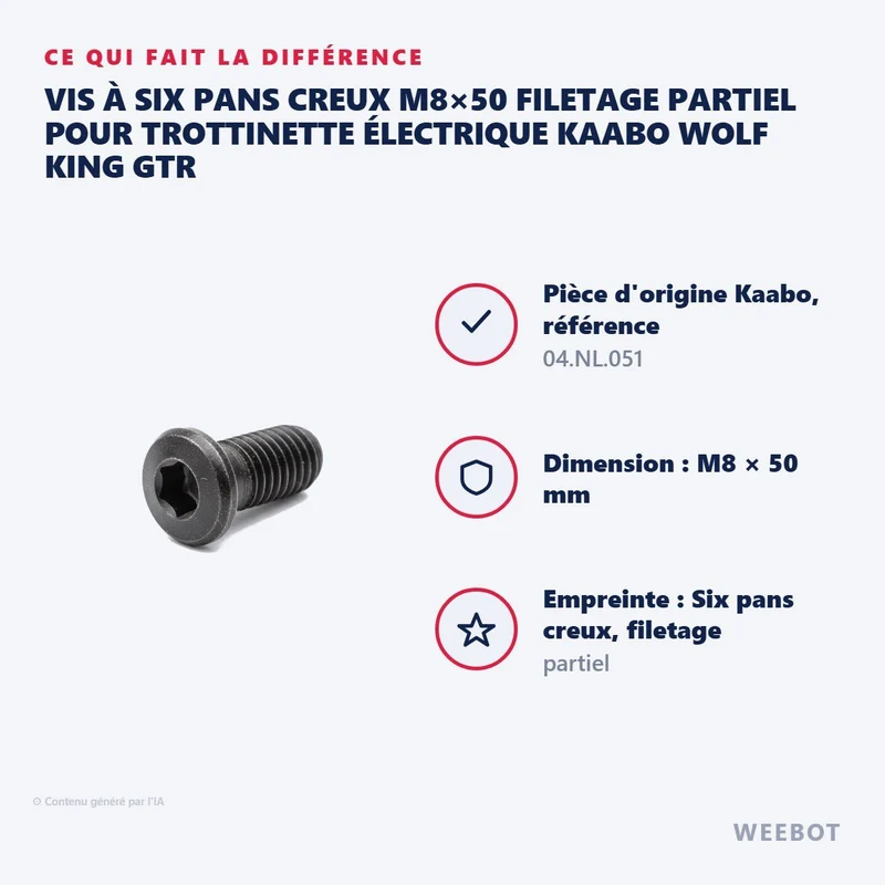 Vis à Six Pans Creux M8×50 Filetage Partiel pour Trottinette Électrique Kaabo Wolf King GTR
