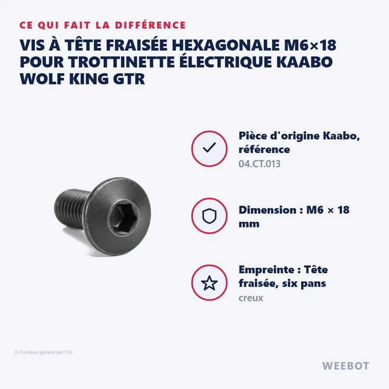Vis à Tête Fraisée Hexagonale M6×18 pour Trottinette Électrique Kaabo Wolf King GTR