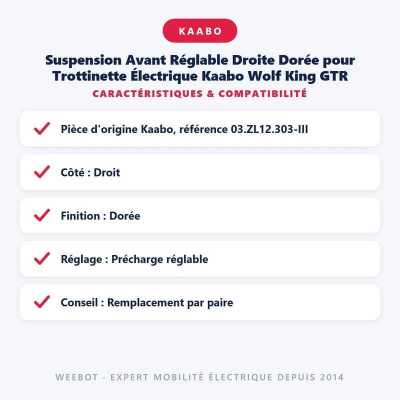 Suspension Avant Réglable Droite Dorée pour Trottinette Électrique Kaabo Wolf King GTR
