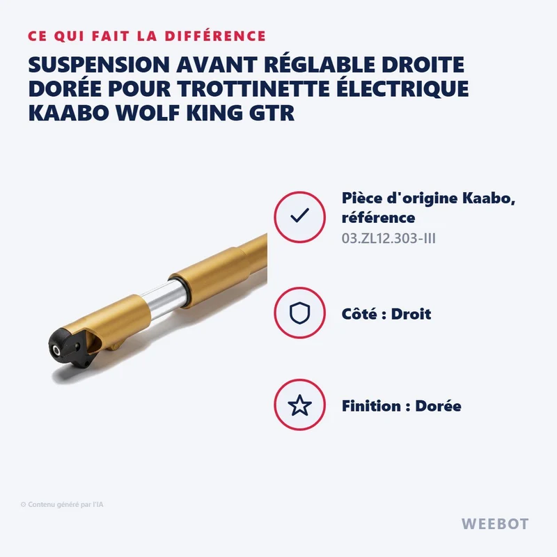 Suspension Avant Réglable Droite Dorée pour Trottinette Électrique Kaabo Wolf King GTR