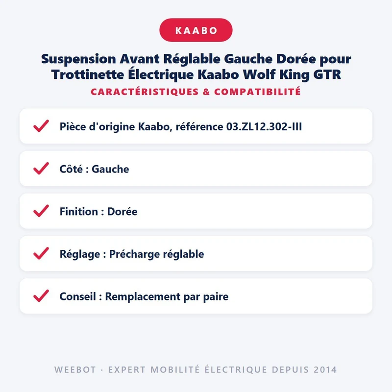 Suspension Avant Réglable Gauche Dorée pour Trottinette Électrique Kaabo Wolf King GTR
