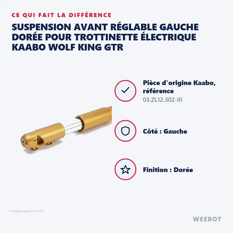 Suspension Avant Réglable Gauche Dorée pour Trottinette Électrique Kaabo Wolf King GTR