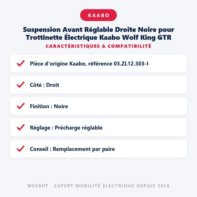 Suspension Avant Réglable Droite Noire pour Trottinette Électrique Kaabo Wolf King GTR