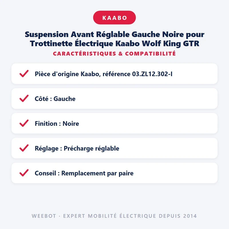 Suspension Avant Réglable Gauche Noire pour Trottinette Électrique Kaabo Wolf King GTR