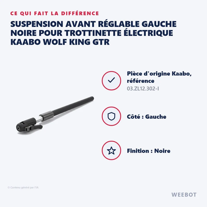 Suspension Avant Réglable Gauche Noire pour Trottinette Électrique Kaabo Wolf King GTR
