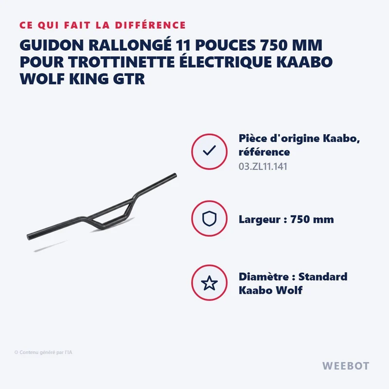 Guidon Rallongé 11 Pouces 750 mm pour Trottinette Électrique Kaabo Wolf King GTR