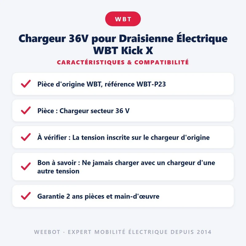 Chargeur 36V pour Draisienne Électrique WBT Kick X