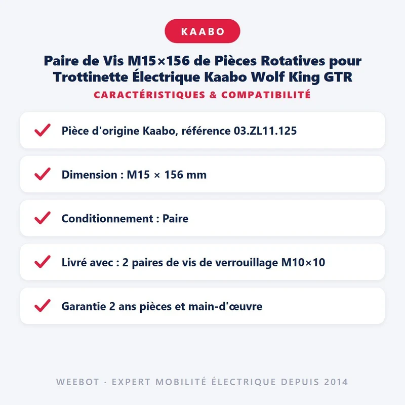 Paire de Vis M15×156 de Pièces Rotatives pour Trottinette Électrique Kaabo Wolf King GTR