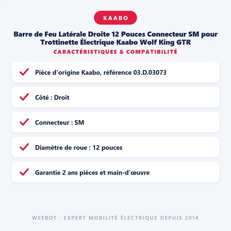 Barre de Feu Latérale Droite 12 Pouces Connecteur SM pour Trottinette Électrique Kaabo Wolf King GTR