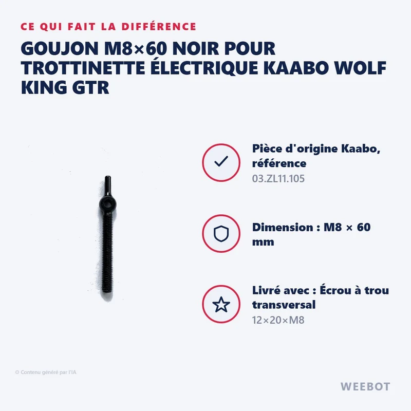 Goujon M8×60 Noir pour Trottinette Électrique Kaabo Wolf King GTR